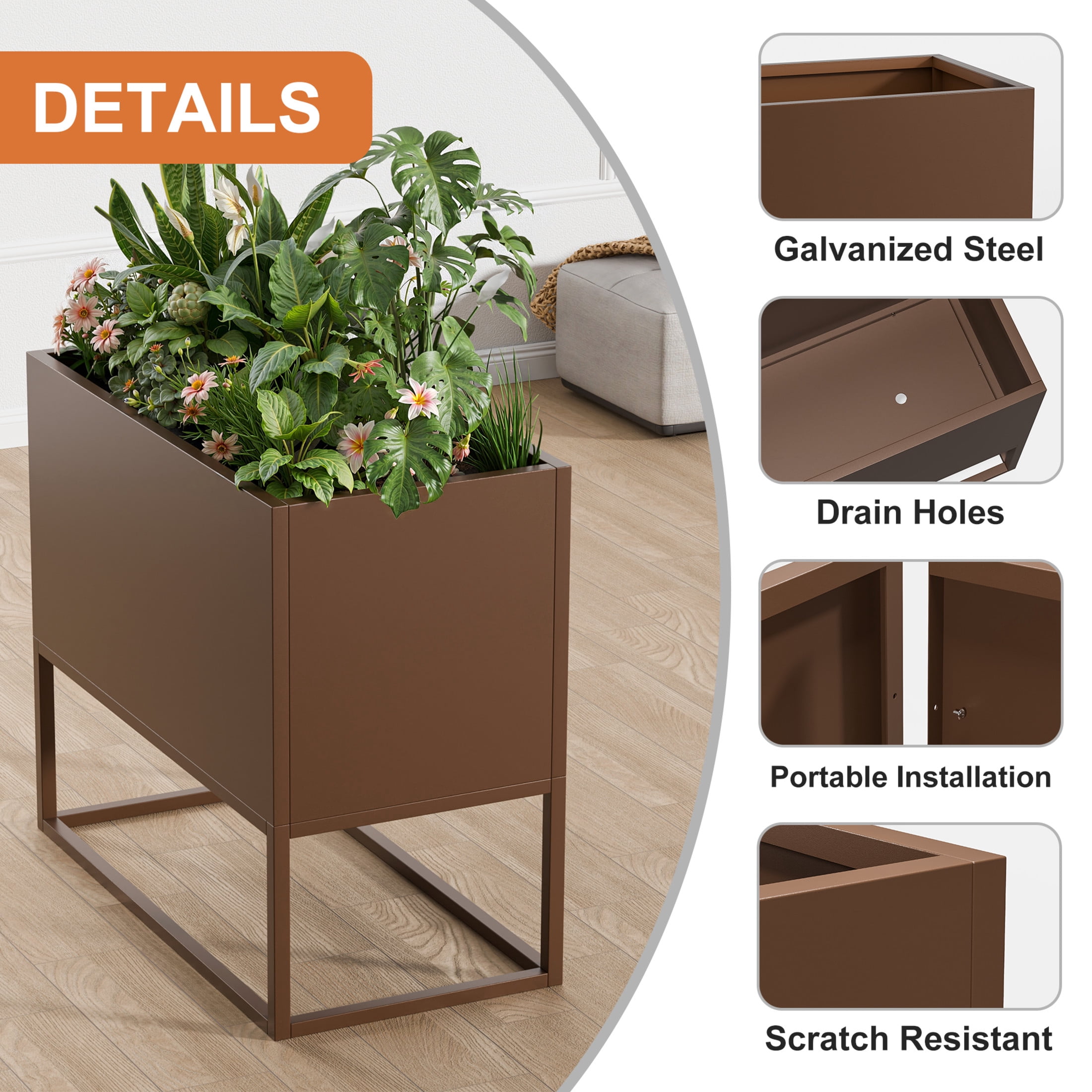 Noble House Minimalist 36“ Rectangular Planter, Raised Base, Drainage Holes, Indoor/Outdoor, Brown