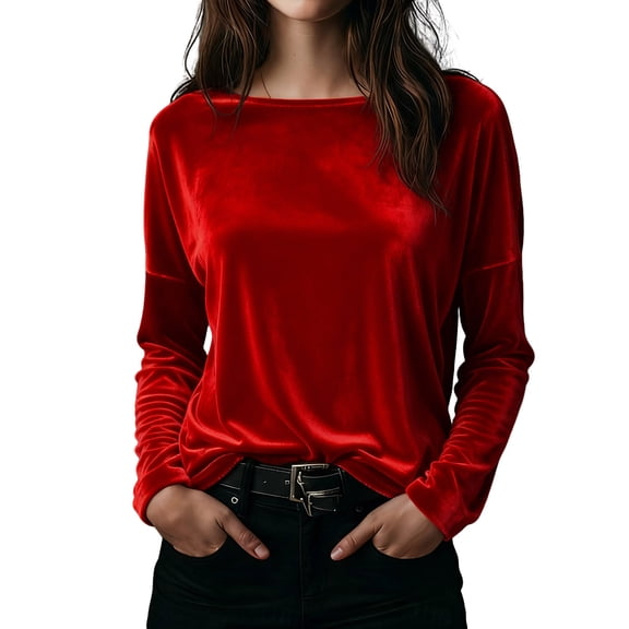 Wensltd Fashion Long Sleeve Shirt Women Casual Crew Neck Daily Wear Fall Winter Velvet Tops