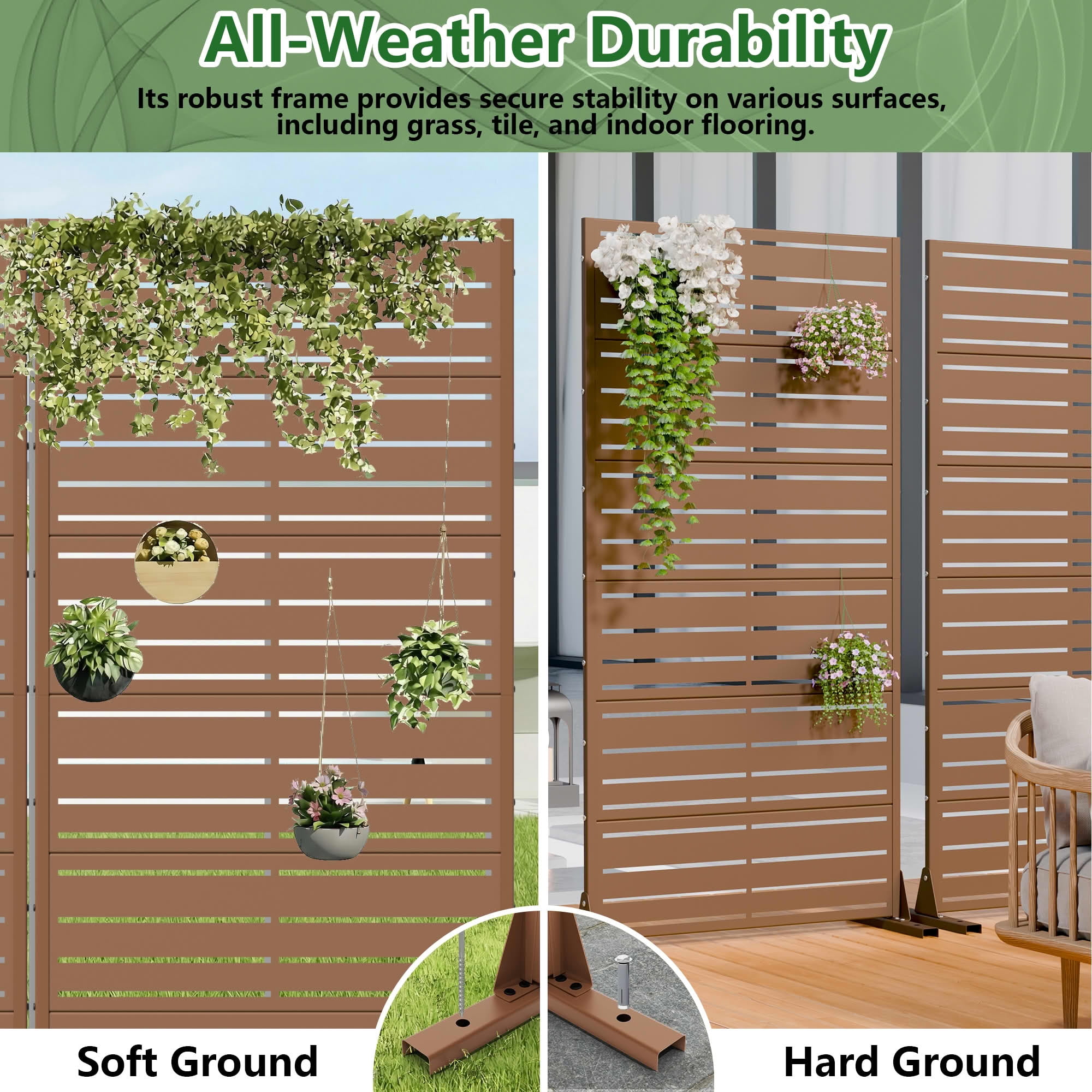 MAYEERTY 2-Piece Outdoor Metal Privacy Screen 6ft × 3ft Brown, 6-Panel Wide-Narrow Louvered, Rust-Resistant for Garden