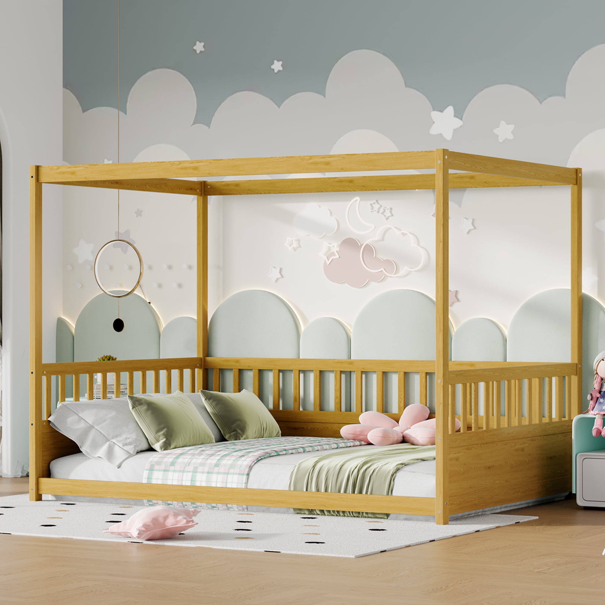 Bellemave Full Size Canopy Bed Frame with High Fence Guardrails Montessori Floor Bed Frame with Four Poster Design Wooden Canopy Bed (Full, Natural)