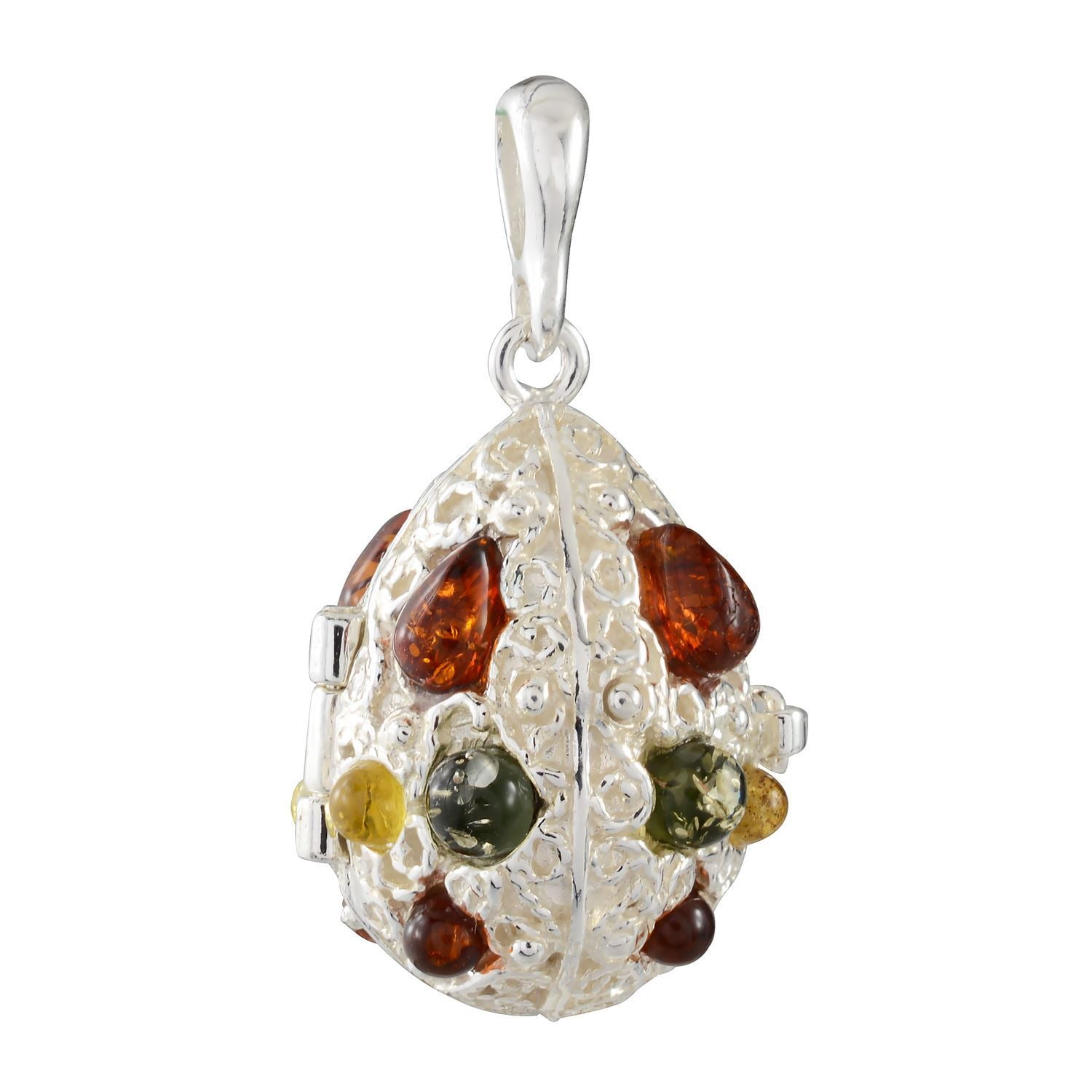 Baltic Multicolor Amber and Sterling Silver Heart-Shaped Locket Pendant