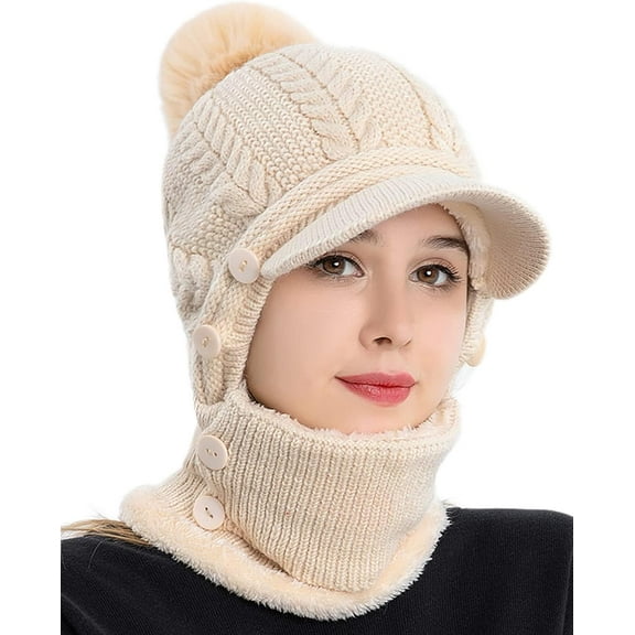 Women One Piece Slouchy Fleece Beanie Hats Scarf Mask Warm Winter Knitted Hat Thick Skull Ski Cap