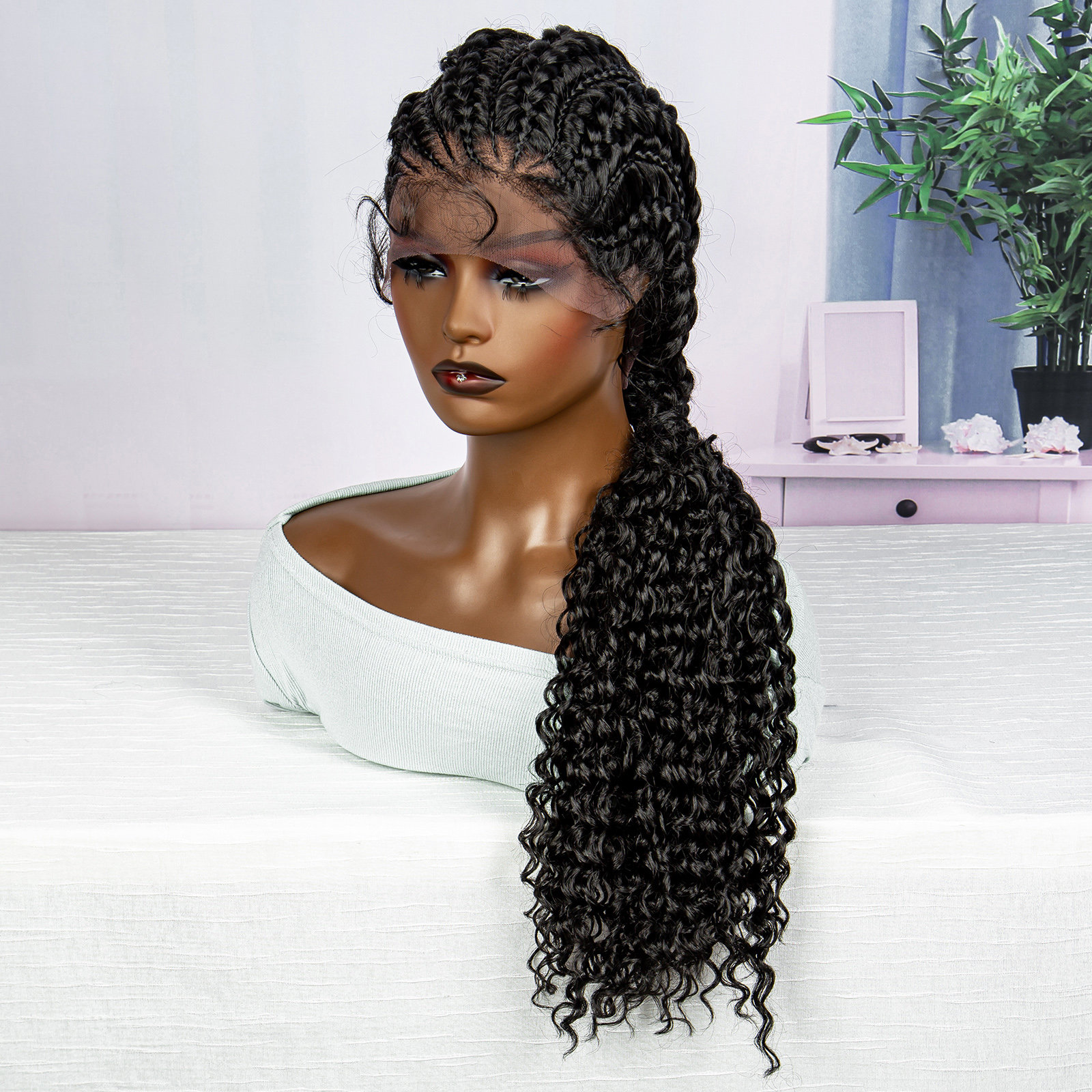 28 Inches Lace Frontal Synthetic Braided Wigs Lace Front Braided Ponytail Wig Natural Knotless with Baby Hair for Black Women Daily Use (1B Color)