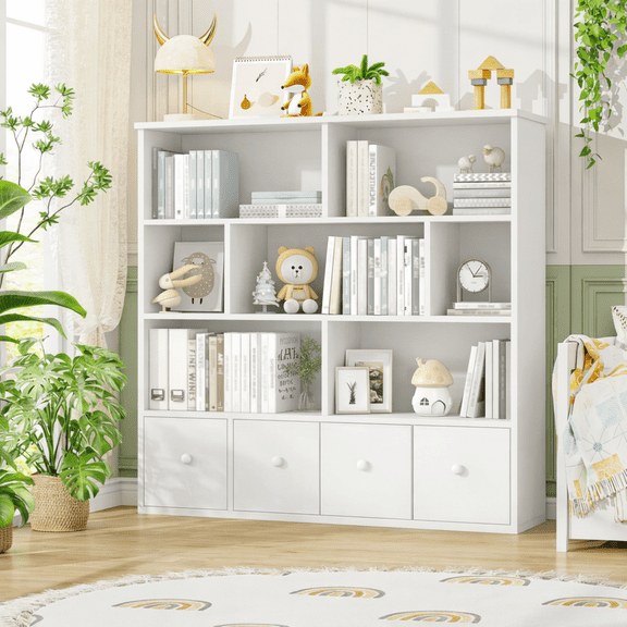 Erinnyees Kids Toy Organizer: 4-Drawer Bookshelf with 7 Cubbies, White