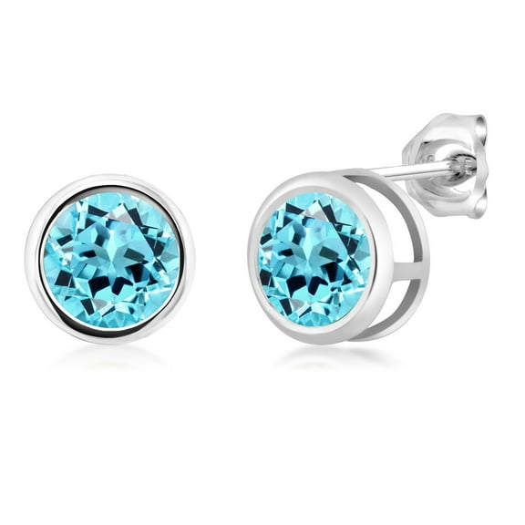 Gem Stone King 925 Sterling Silver Swiss Blue Topaz Stud Earrings for Women Men (2.40 Cttw, Gemstone November Birthstone, Round 6.5MM)