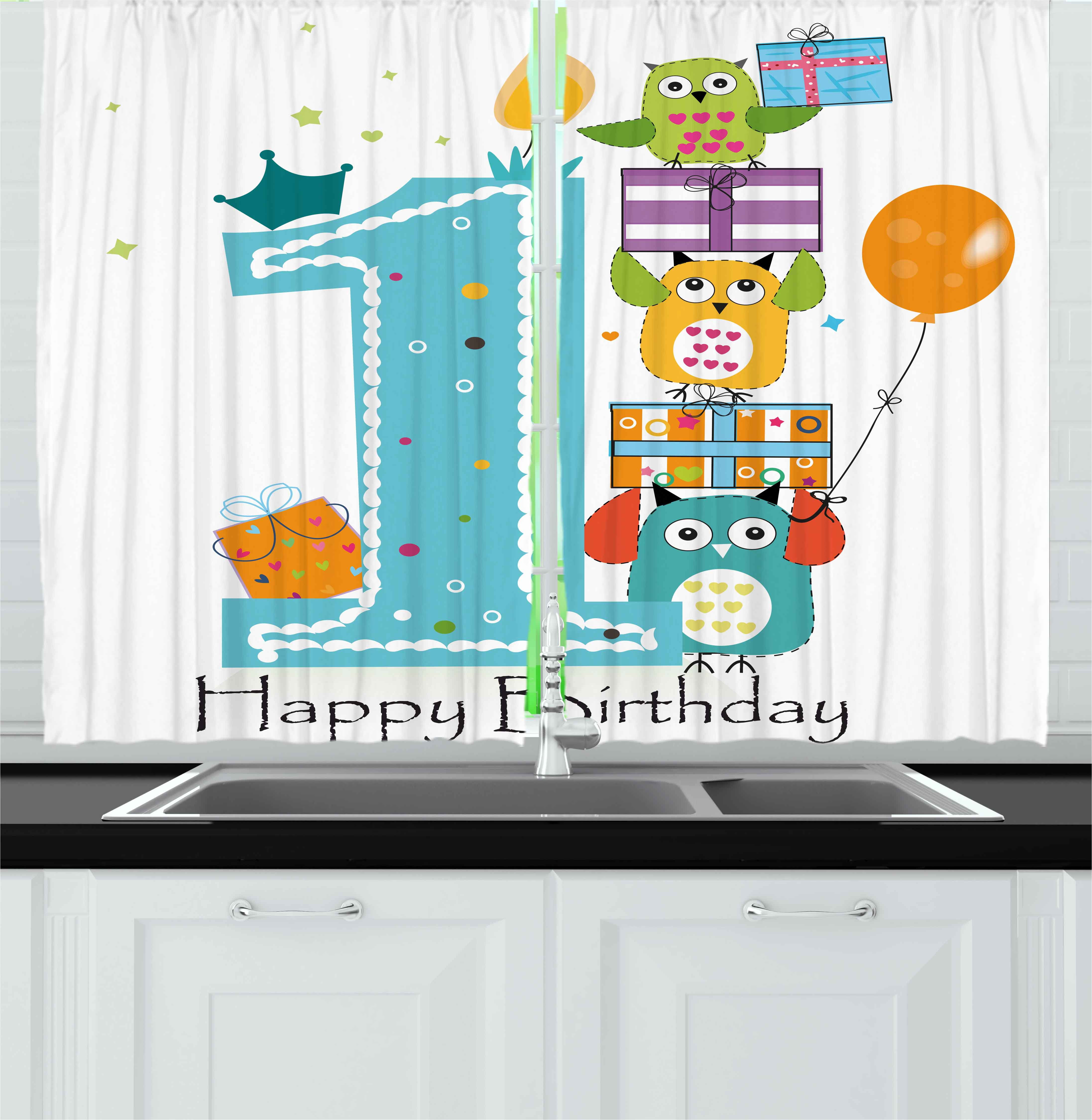 1st Birthday Curtains 2 Panels Set First Cake With Candle Owls