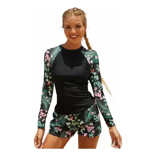 Traje De Baño Manga Larga Floral Para Mujer 2 Piezas