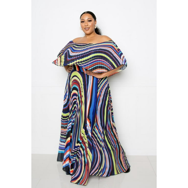 Geo Printed Maxi Dress Off Shoulder Pleated 1XL