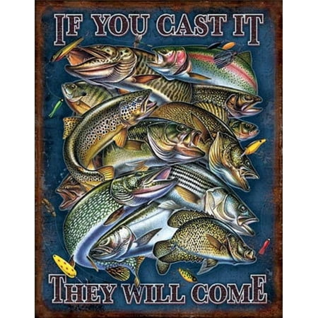 Come Sign - Fishing - If You Cast It They Will Come Distressed Retro Vintage Tin Sign 13 x 16in