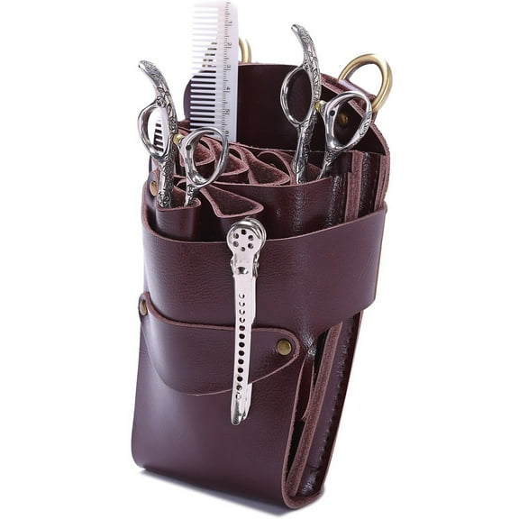 Perfehair Scissor Pouch Holster with Belt for Hairdressers, Salon Hair Stylist Barber Scissors Shear Hairdressing Waist Holder Case Bag, Real Leather-Brown