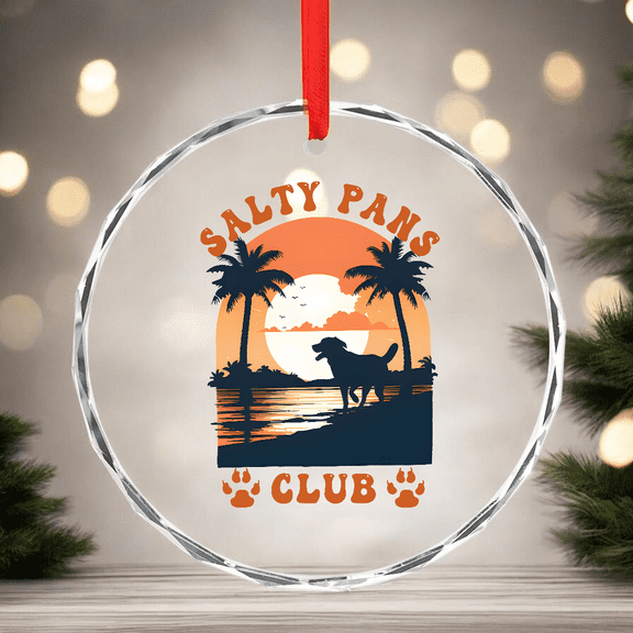Retro Dog - Salty Paws Beach Day Ornament Full Glass CIRCLE GLASS ORNAMENT Home Decor