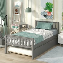 BTMWAY Gray Twin Bed with Trundle, Heavy Duty Wood Platform Bed with Headboard and Footboard, No Box Spring Needed, Twin Size Bed Frame with Trundle Bed, Space Saving, 79.73'' x 42'' x 33.5''