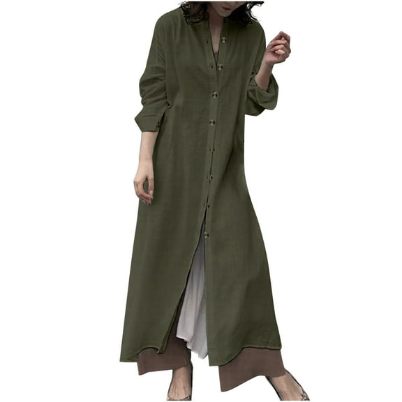 2025 Clearance! 50% Off Clear! asdoklhq Womens Plus Size Clearance Dresses, Women Casual Cotton Solid Summer Button Long Sleeve Long Dress