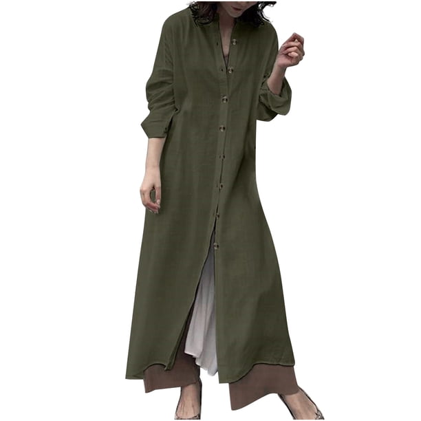 Moda mujer Casual Sexy algodón sólido verano botón manga larga vestido largo Fridja yut477