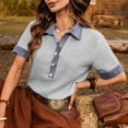thumbnail image 4 of Miluxas Women's Summer Short Sleeve Tops Button-Up Collared Shirts with Linen and Denim Contrast Collar Trendy Business Casual Tunic Blouse Gray, 4 of 8