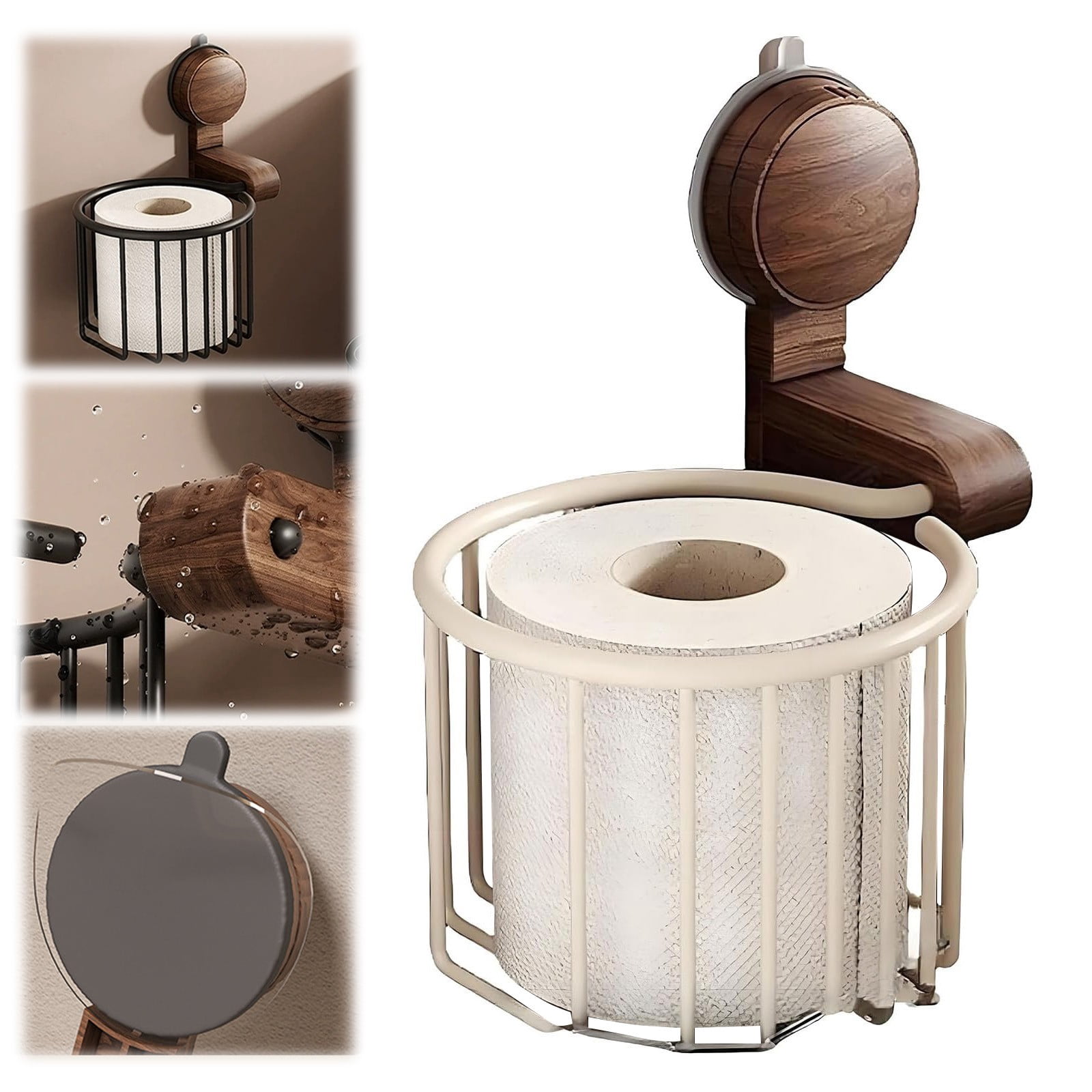 XKHHLH No Drill Wall Mount Suction Cup Organizer Holder, Suction Cup Walnut Paper Towel Holder, Strong Suctions Cups for Bathroom & Kitchen
