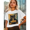 thumbnail image 6 of Women's T-Shirt Vintage Japanese Cat Funny Black Cat Eat Ramen Short Sleeve Casual Tee Classic Crew Neck T Shirt for Women White, XS, 6 of 7