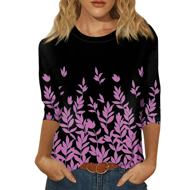moda de verano para mujer casual manga de siete cuartos estampado floral cuello alto jersey top rosa / m