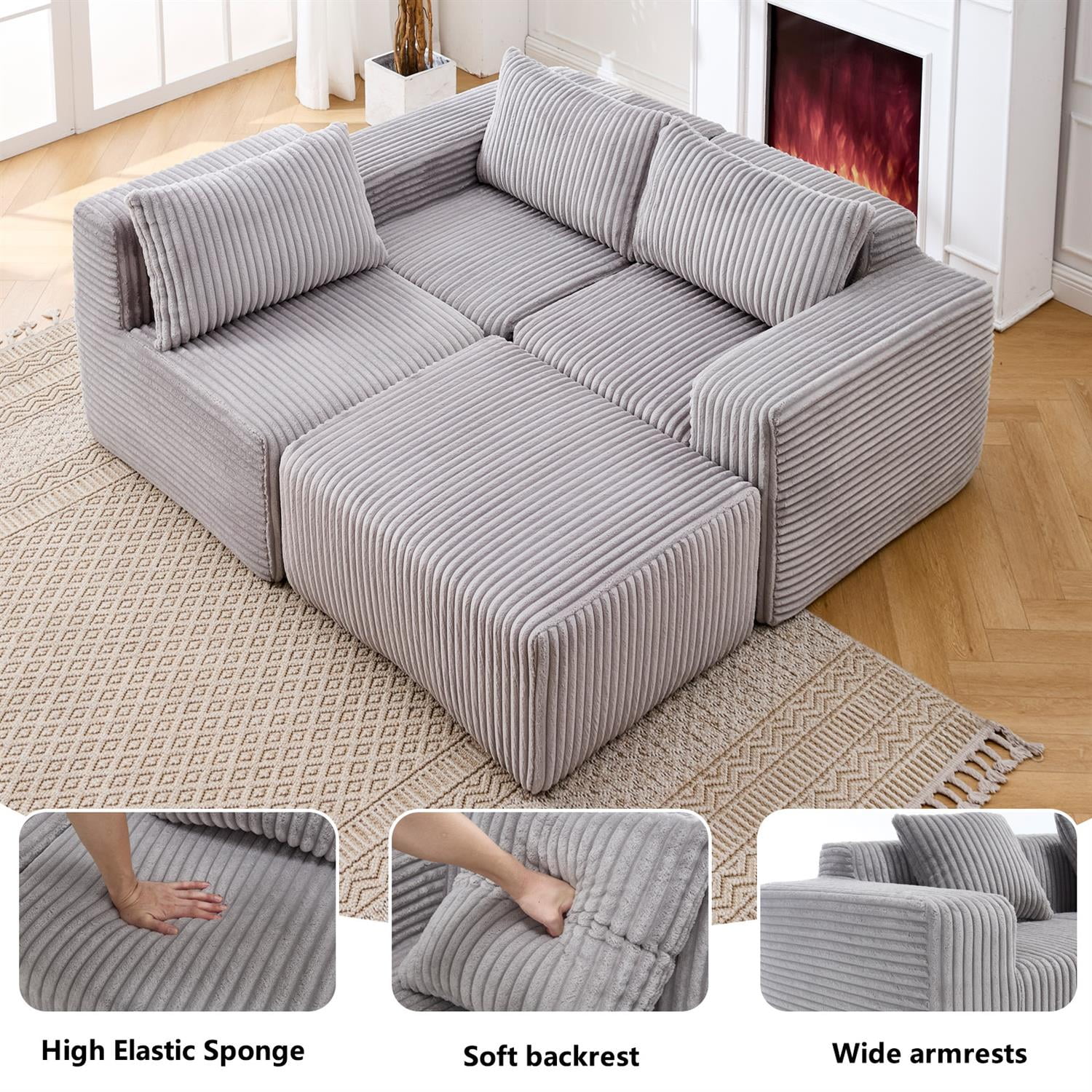 Demi Bonn 125" Modern Modular Sectional Sofa, L-Shaped Upholstered Cloud Couch with Deep Seats & Right Facing Chaise for Living Room, Light Gray