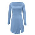 thumbnail image 3 of QHFBli Womens Square Neck Bodice Dress Long Sleeve Side Slit Flare Mini Dresses, 3 of 4