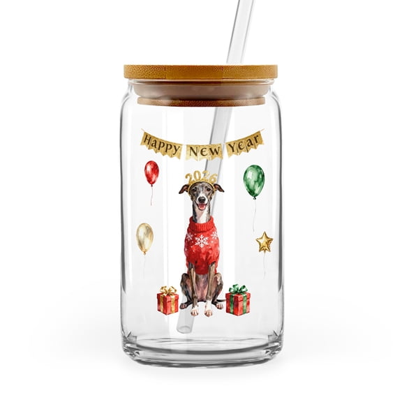 Happy New Year 2026 Whippet Holiday Balloons Party Snow 16oz Glass Cup Mug Dog Lover Glass Can with Bamboo Lid and Straw - 13018