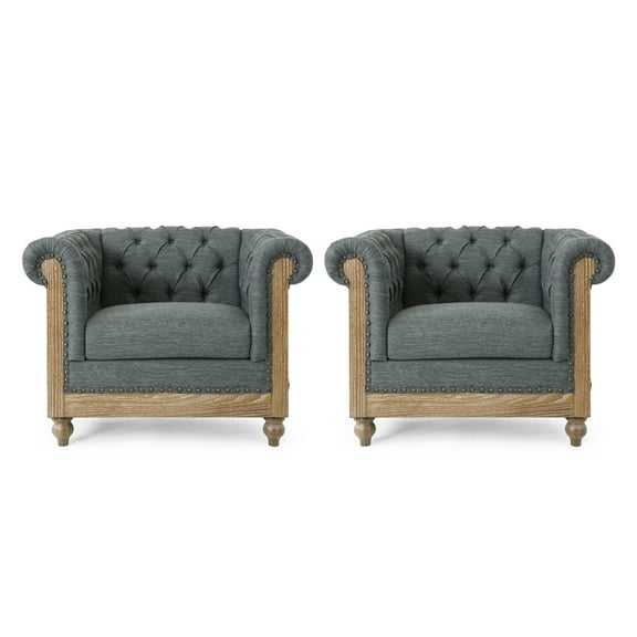 GDF Studio Alejandro Chesterfield Fabric Tufted Club Chairs with Nailhead Trim, Set of 2, Charcoal and Dark Brown