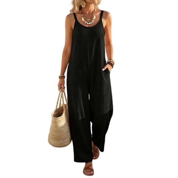 JULMCOMO Jumpsuits for Women Scoop Neck Adjustable Strap Loose Fit Overalls Sleeveless Wide Leg Casual Summer Jumpsuits with Pockets Black L