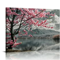 PRATYUS  Japanese Mount Fuji Canvas Wall Art Black and White Cherry Blossom Picture Painting Decor for Home Office Bedroom Living Room Decor Frame 20x16in