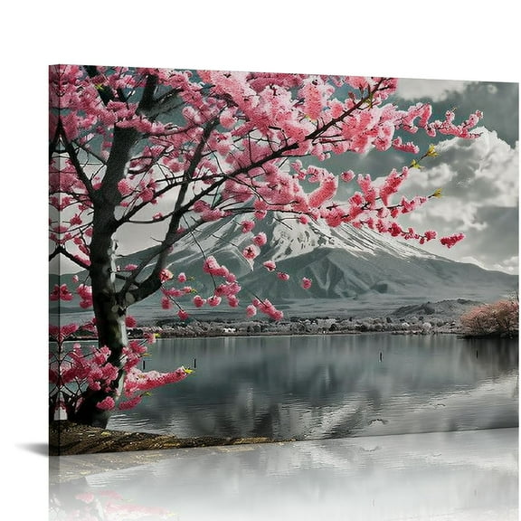 PRATYUS  Japanese Mount Fuji Canvas Wall Art Black and White Cherry Blossom Picture Painting Decor for Home Office Bedroom Living Room Decor Frame 20x16in