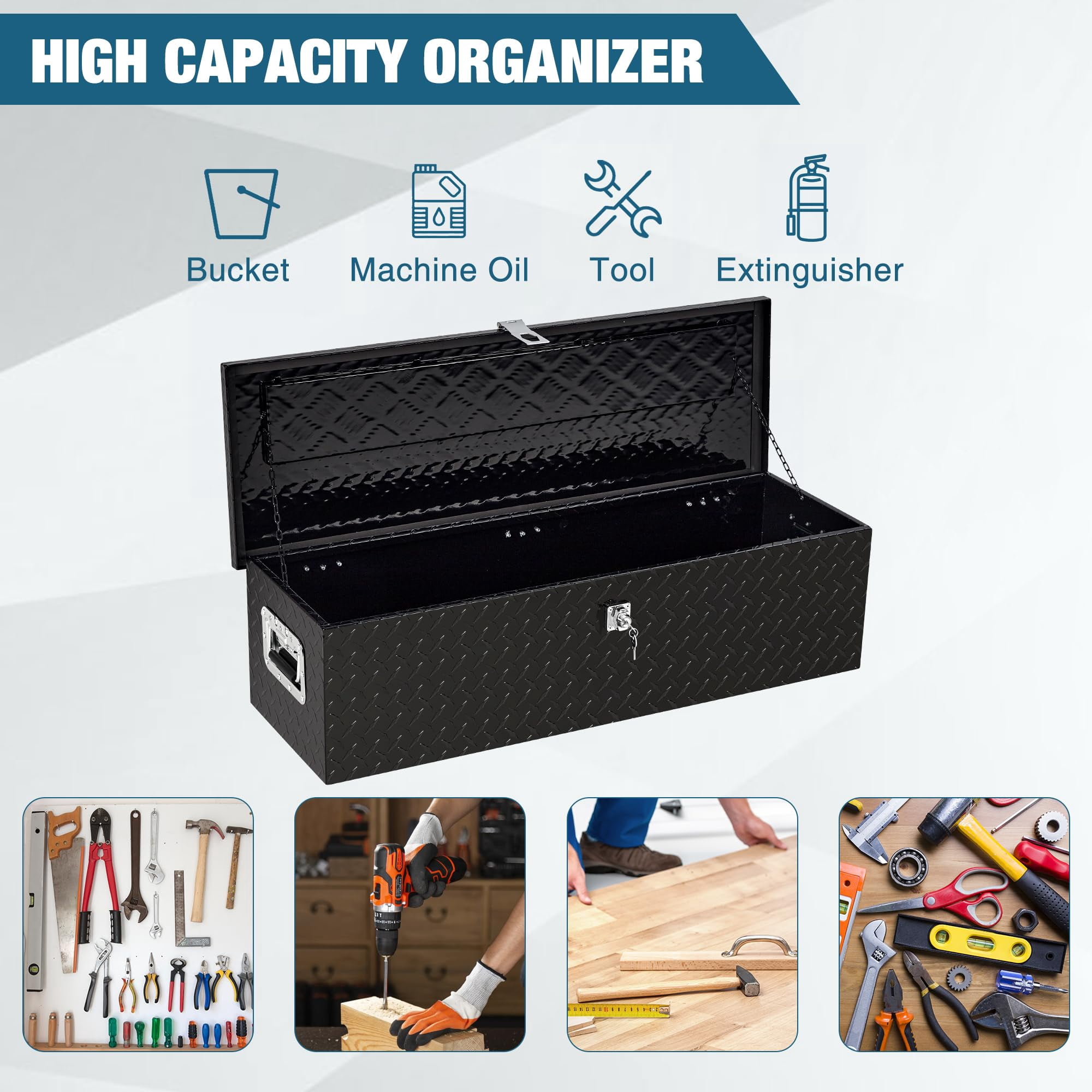 Truck Bed Tool Box, Heavy Duty Metal Tool Box Organizer, Trailer Box with Safe Hinge for Truck, Pickup, RV, Trailer