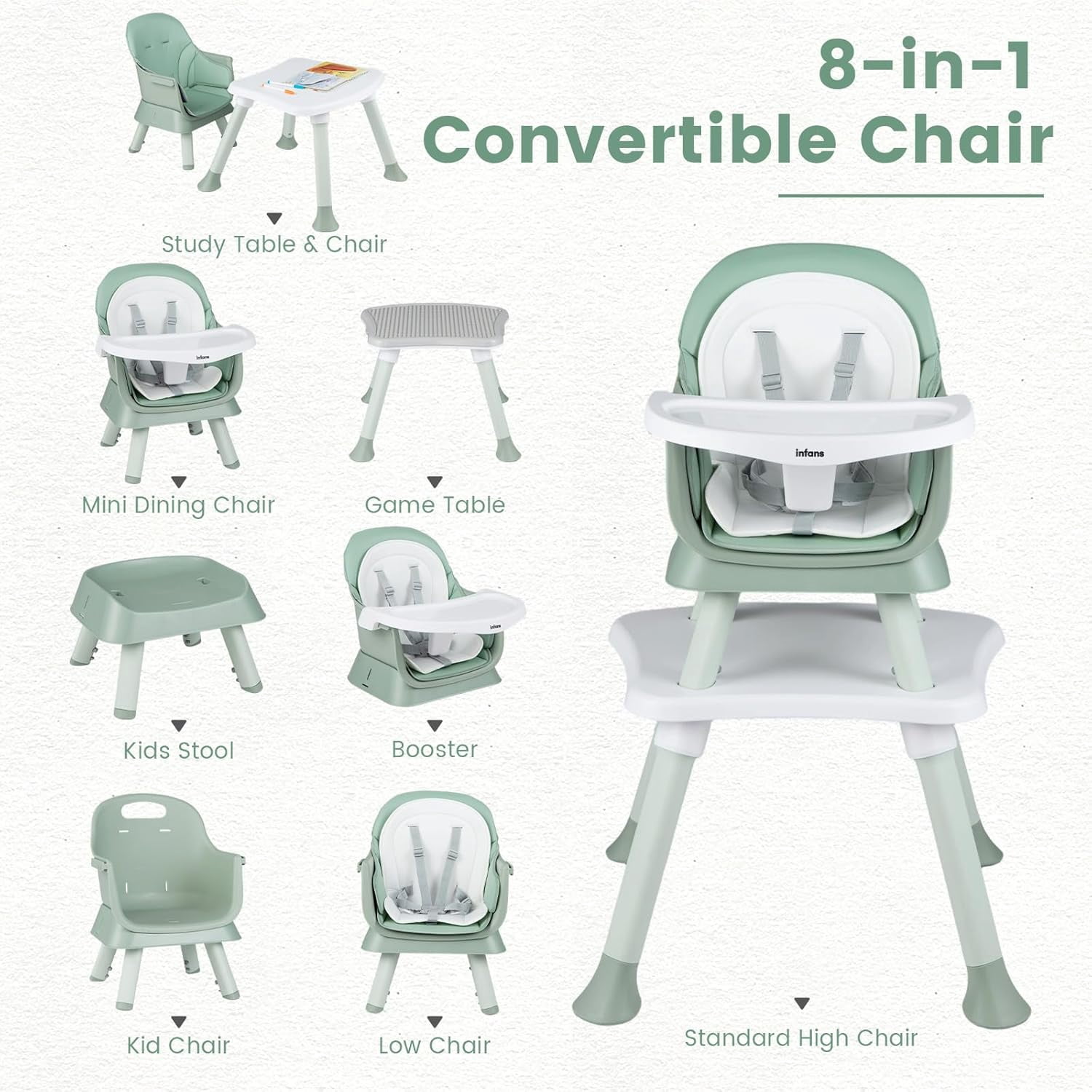 INFANS 8 in 1 Baby High Chair, Convertible Highchair for Babies and Toddlers, Infant Dining Booster Seat, Building Block Table, Kids Stool Table Chair Set with Removable Tray (Grey)
