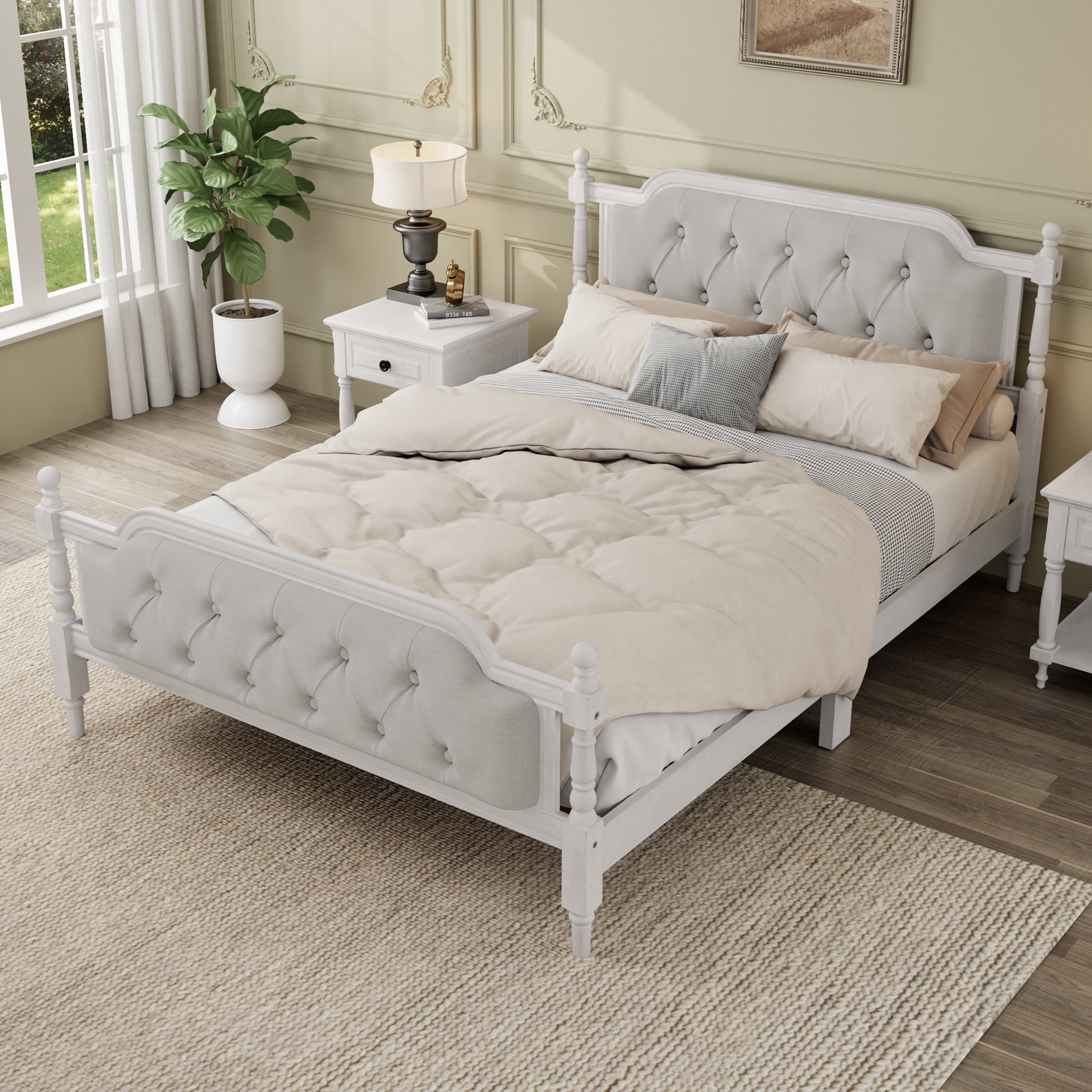 Euroco Traditional Wood Full Size Platform Bed with Upholstered Tufted Headboard, Antique White