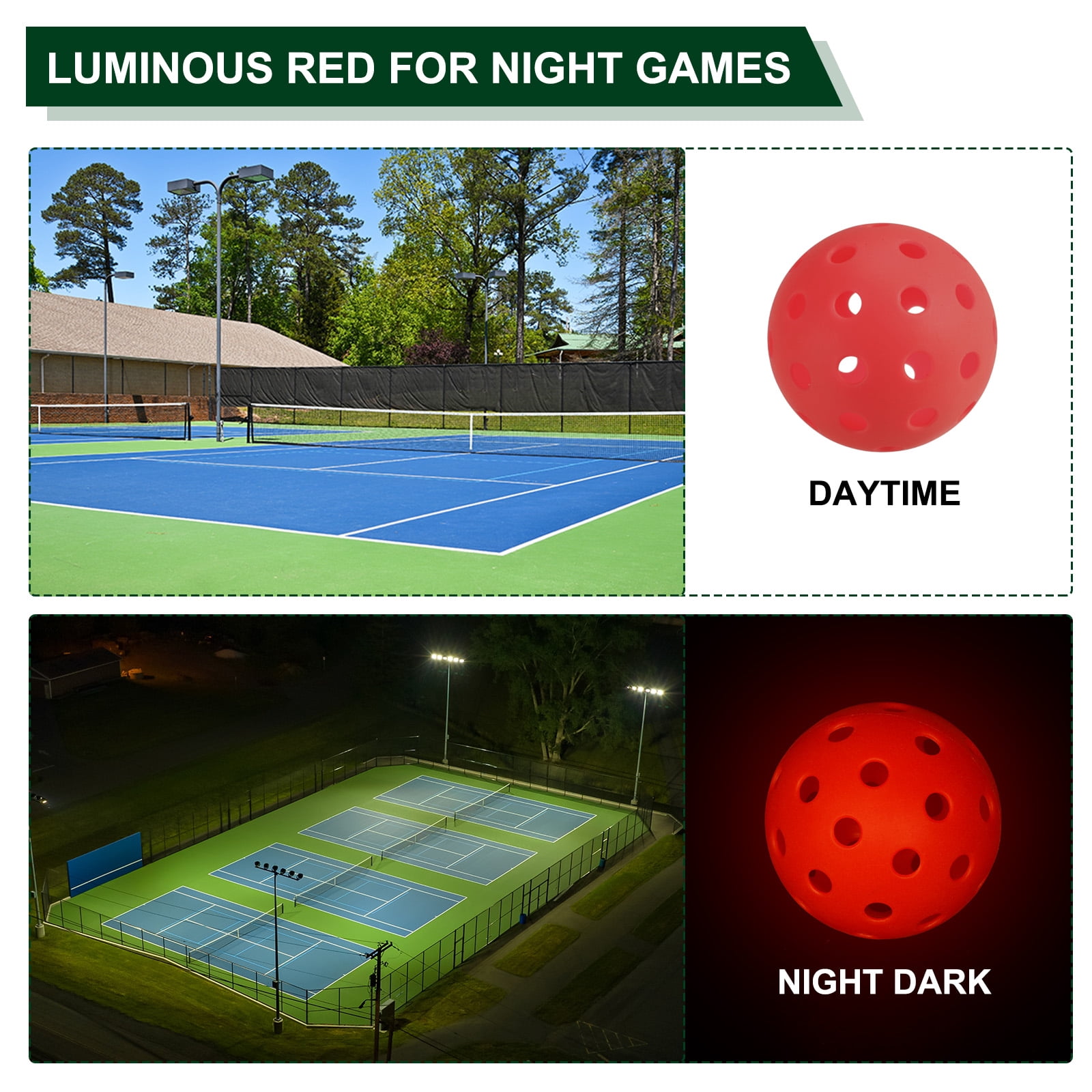 Luminous Pickleball Balls 40 Holes Glow in the Dark Pickleball Balls with Mesh Bag Red, 6 Pack