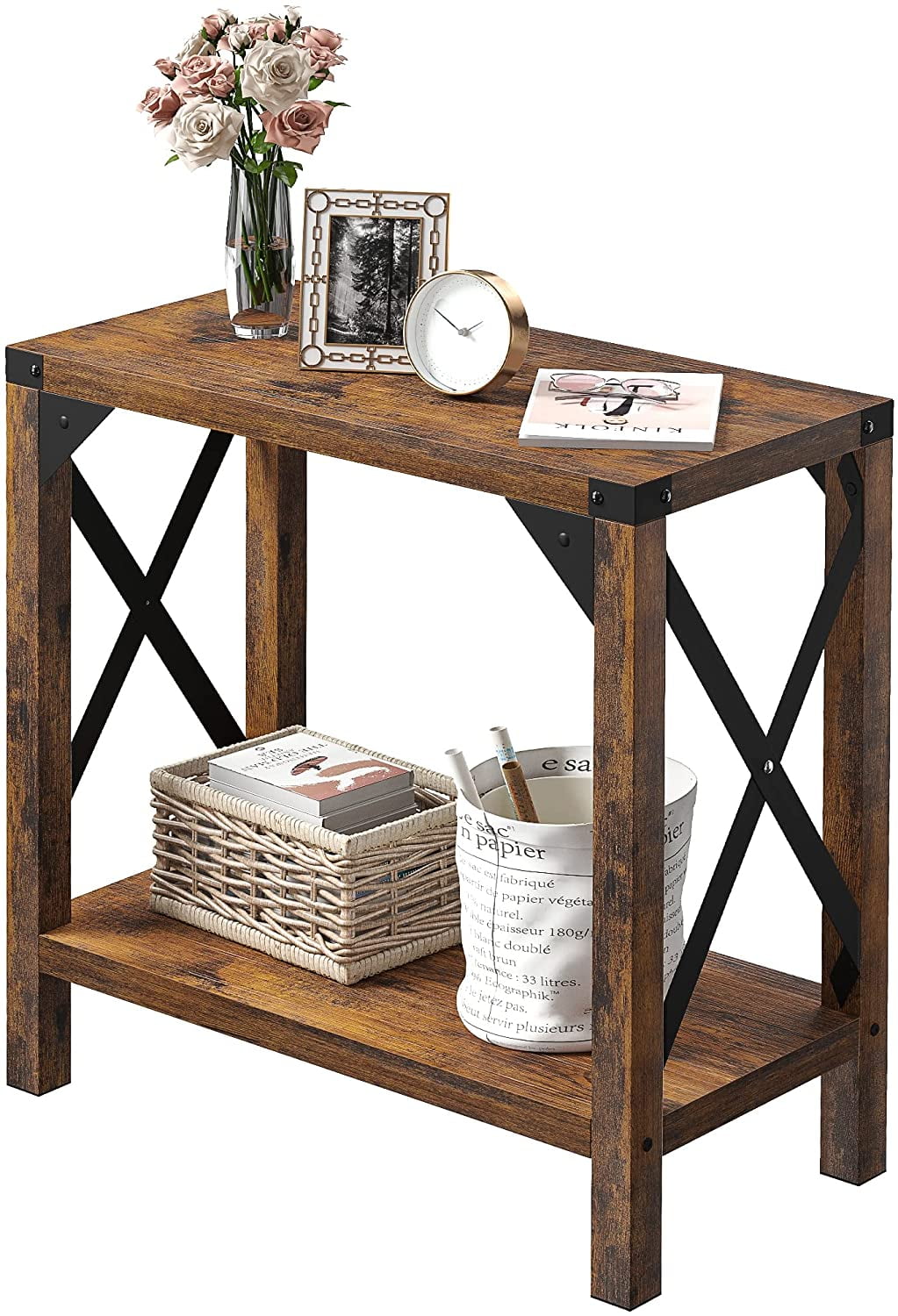 Narrow End Table for Small Spaces, Rectangular Farmhouse Nightstand