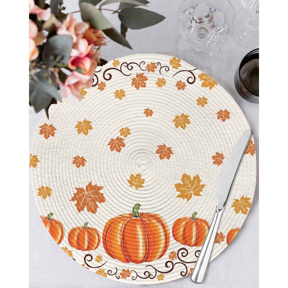 13 Inch Round Placemats Set of 6, Fall Thanksgiving Non Slip Heat Insulation PP Table Mats, Watercolor Orange Pumpkin Maple Leaf Washable Place Mats for Kitchen Dining Party Table Decor