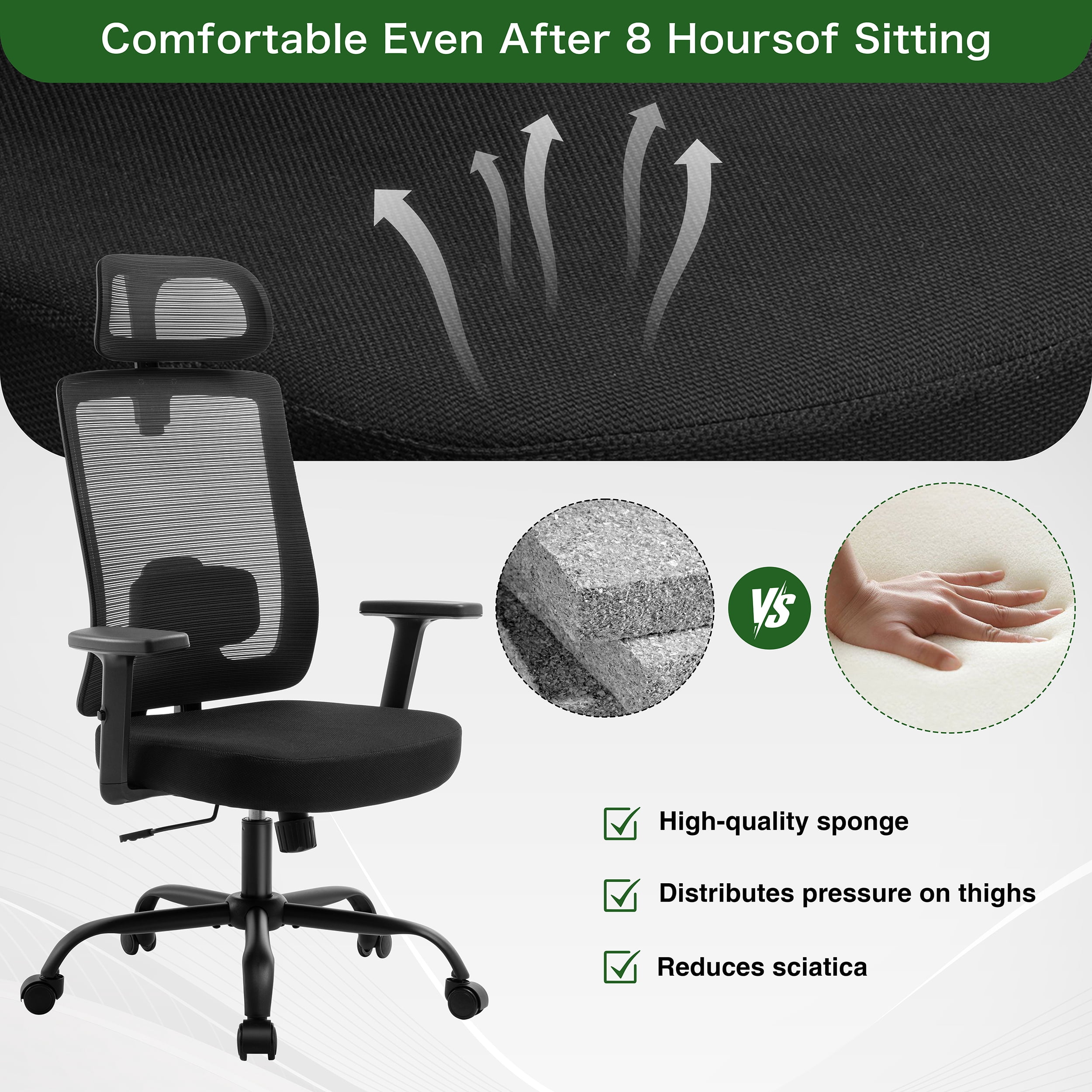 Walsunny Ergonomic Mesh Office Chair with Adjustable Headrest, Breathable High Back Mesh Computer Desk Chair with 360°Swivel Rolling Wheels, suitable for Home Office Workspace, Black