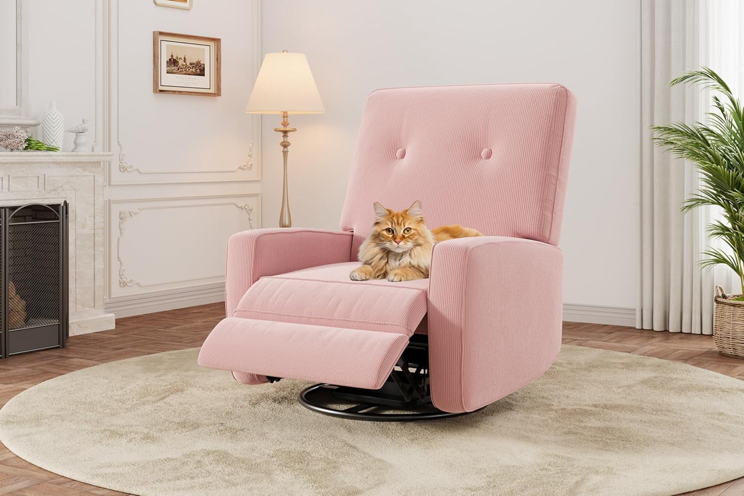 Recliner Chairs, Swivel Rocker Recliner, Glider Recliner Nursery Chair for Adults, 360° Swivel Glider Rocking Chair for Living Room, Bedroom, Office, RV, Small Spaces, Corduroy, Pink