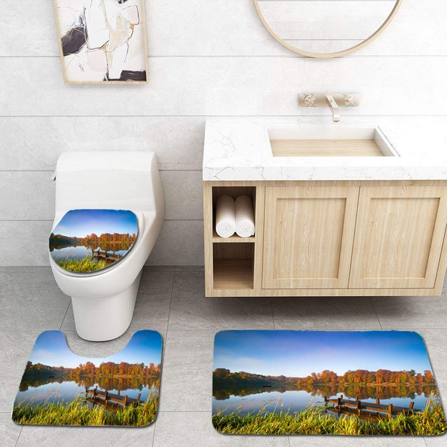 ABPHQTO Todavía riega un lago en otoño Juego de alfombras de baño de 3 piezas Alfombra de baño Alfombra de contorno y tapa de inodoro