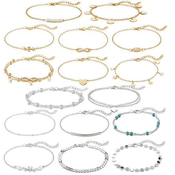 DESIGNICE 16Pcs Ankle Bracelets for Women Gold Silver Two Style Chain Beach Anklet Bracelet Jewelry Anklet Set,Adjustable Size