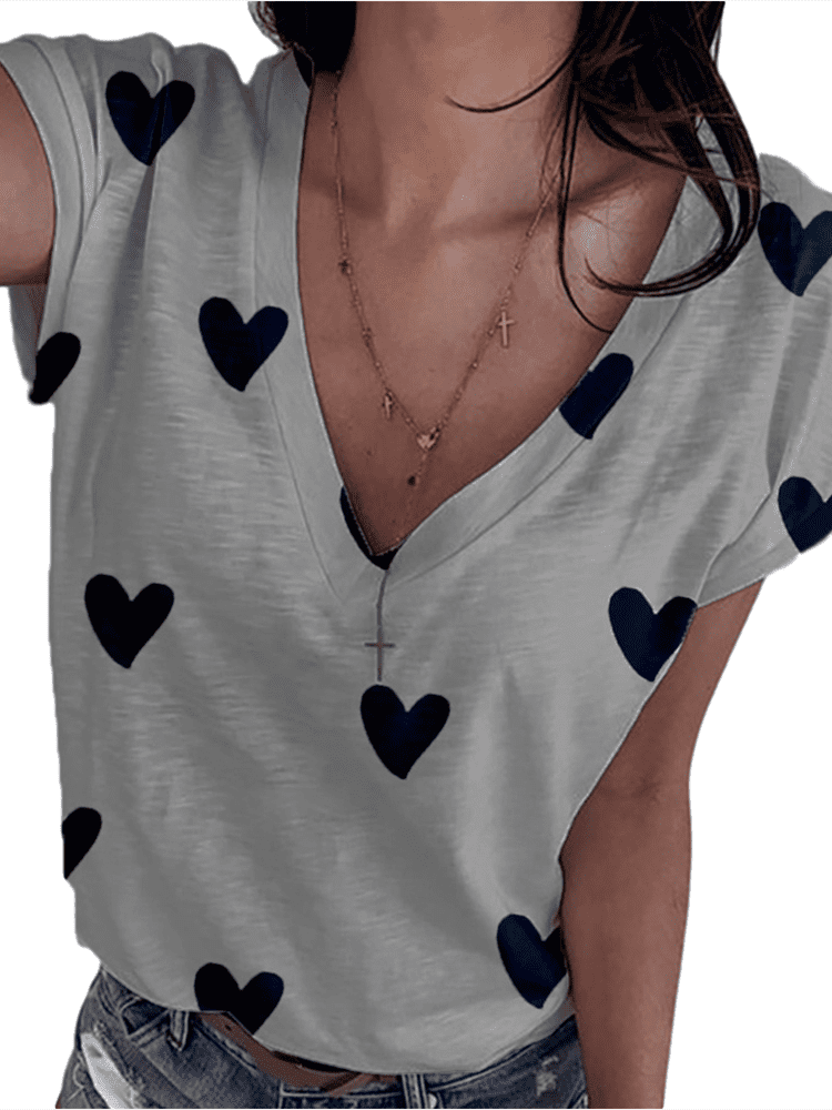 V-Neck Heart Print Women Casual T-Shirt - Walmart.com