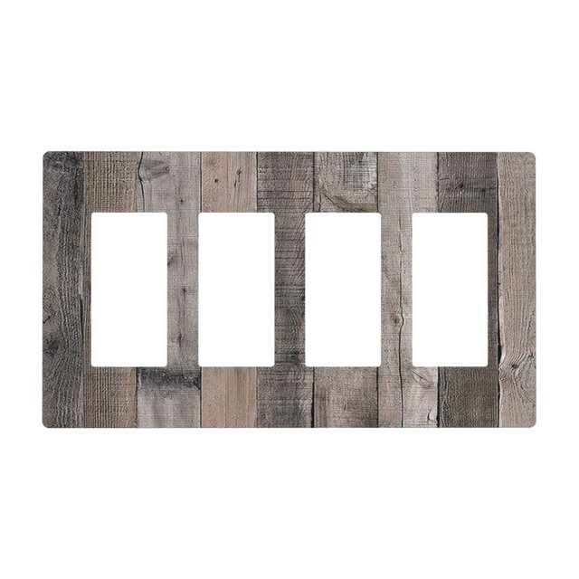Rustic Distressed Farmhouse Brown Gray Wood Plank Wooden Print 4 Gang Four GFCI Device Face Wall Plate Vintage Country Style Decorative Quad Rocker/Decorator Electrical Light Switch Cover Switchplate