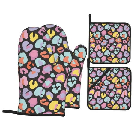 

Oven Mitts and Pot Holders Sets 4 pcs Colorful leopard spot Non-Slip Oven Gloves Potholders Soft Quilted Lining Heat Resistant Gloves Hot Pads for Kitchen Cooking Baking