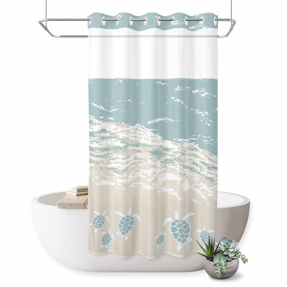 Ocean Beach No Hook Shower Curtain Hand-Painting Abstract Beige Beach Blue Sea Turtle Shower Curtain with See Through Top Window, Waterproof Washable Fabric Curtain for Bathroom Hotel Decor, 36Wx72L