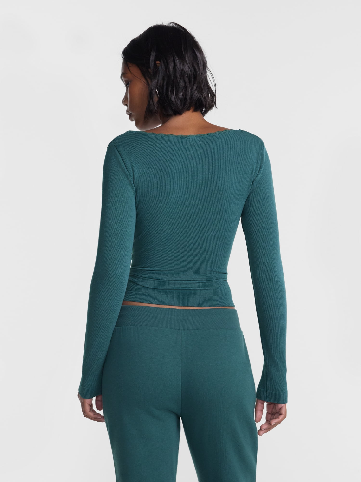 No Boundaries Long Sleeve Seamless Tee with Lace Trim, Women's XXS-XXL