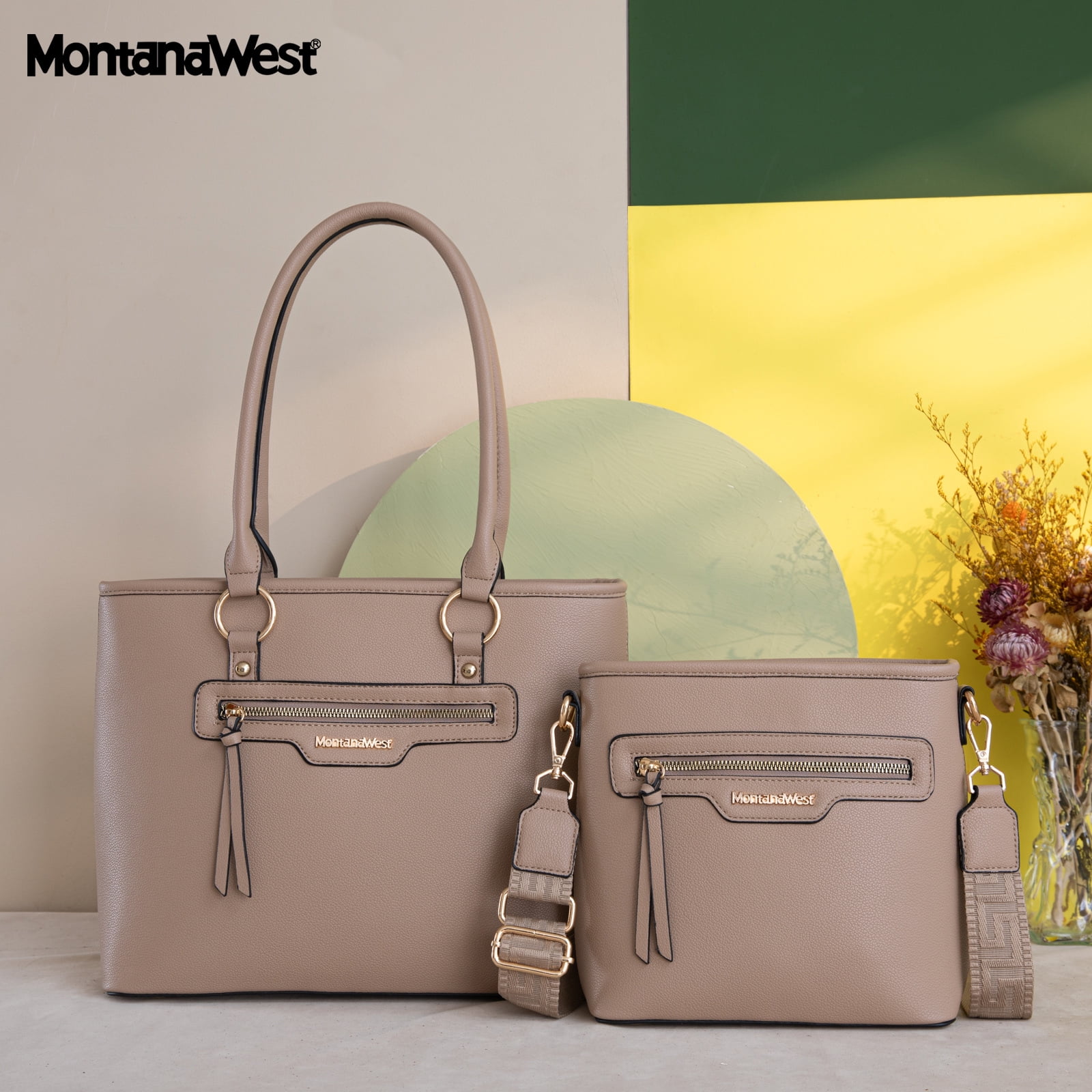 Montana West 2Pcs Handbags Set for Women Large Tote Bags Purse with Cute Crossbody bags, Khaki