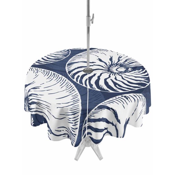 Outdoor Tablecloths with Umbrella Hole & Zipper, Coastal Shell Navy Blue Round Tablecloth 54 Inch, Summer Ocean Shell Beach Waterproof Table Cloth, Patio/Pool/Picnic Table Covers