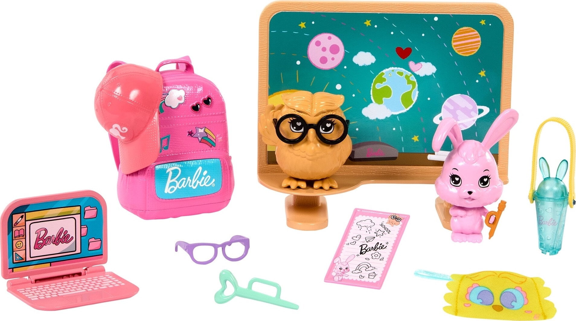 My First Barbie School Accessories for Preschool Dolls, Chalkboard & Classroom Pets, 13.5-inch Scale