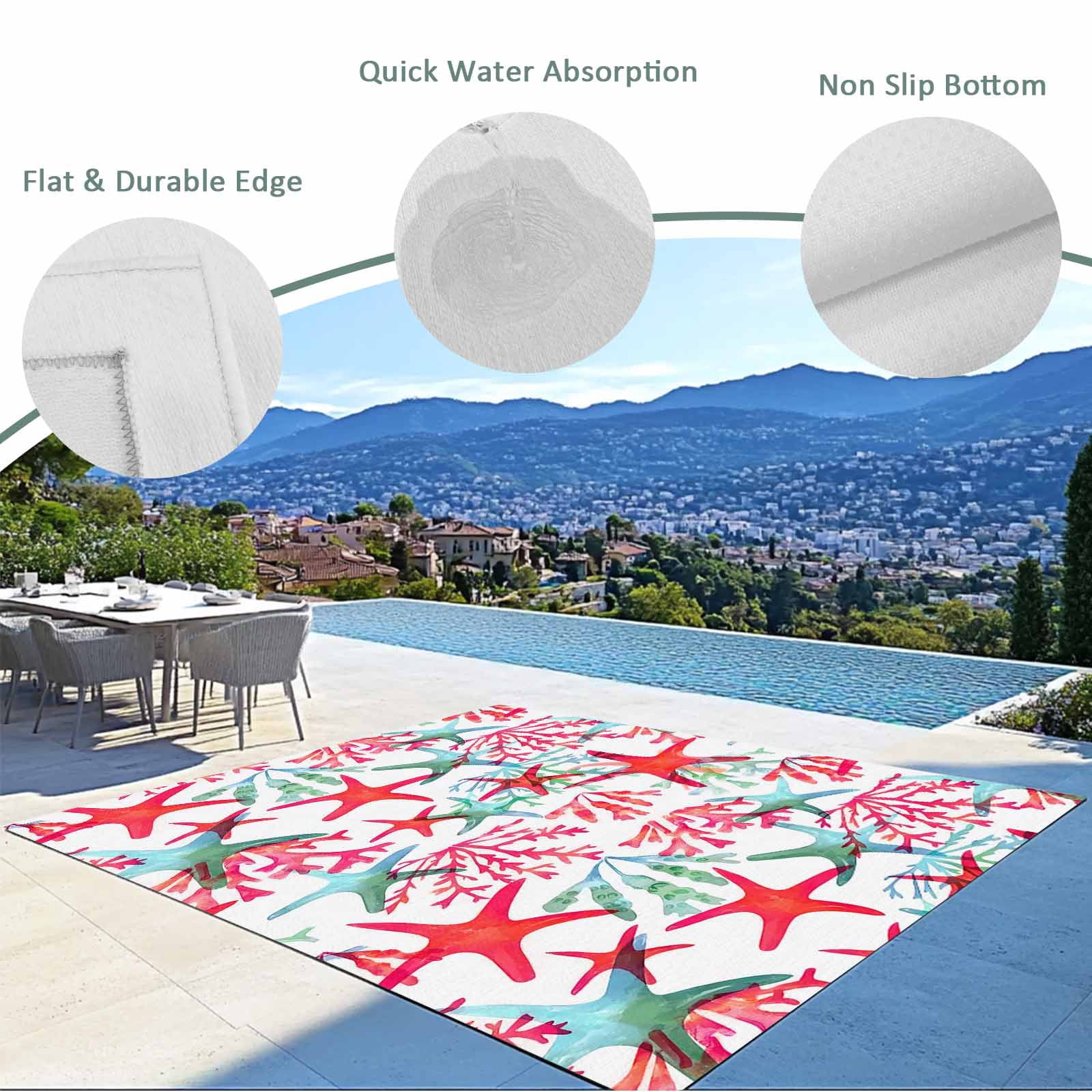 Summer Red Starfish Outdoor Rug 5x7 Ft - Reversible Patio Rug Outdoor Camping Rugs, Green Coral Coastal Ocean Abstract Washable Indoor Outdoor Area Rugs, Non-Slip Outdoor Carpet Runner for Deck/Porch