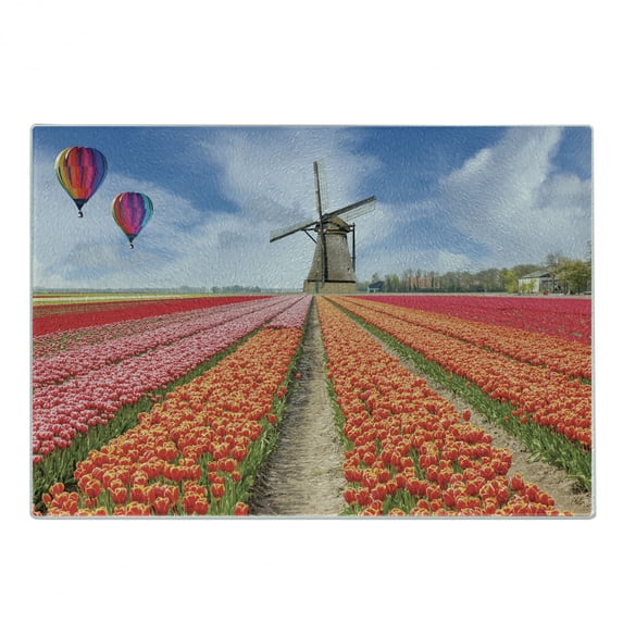 Netherlands Cutting Board, Landscape of Tulips Field Hot Air Balloons and Windmill Spring, Decorative Tempered Glass Cutting and Serving Board, in 3 Sizes, by Ambesonne