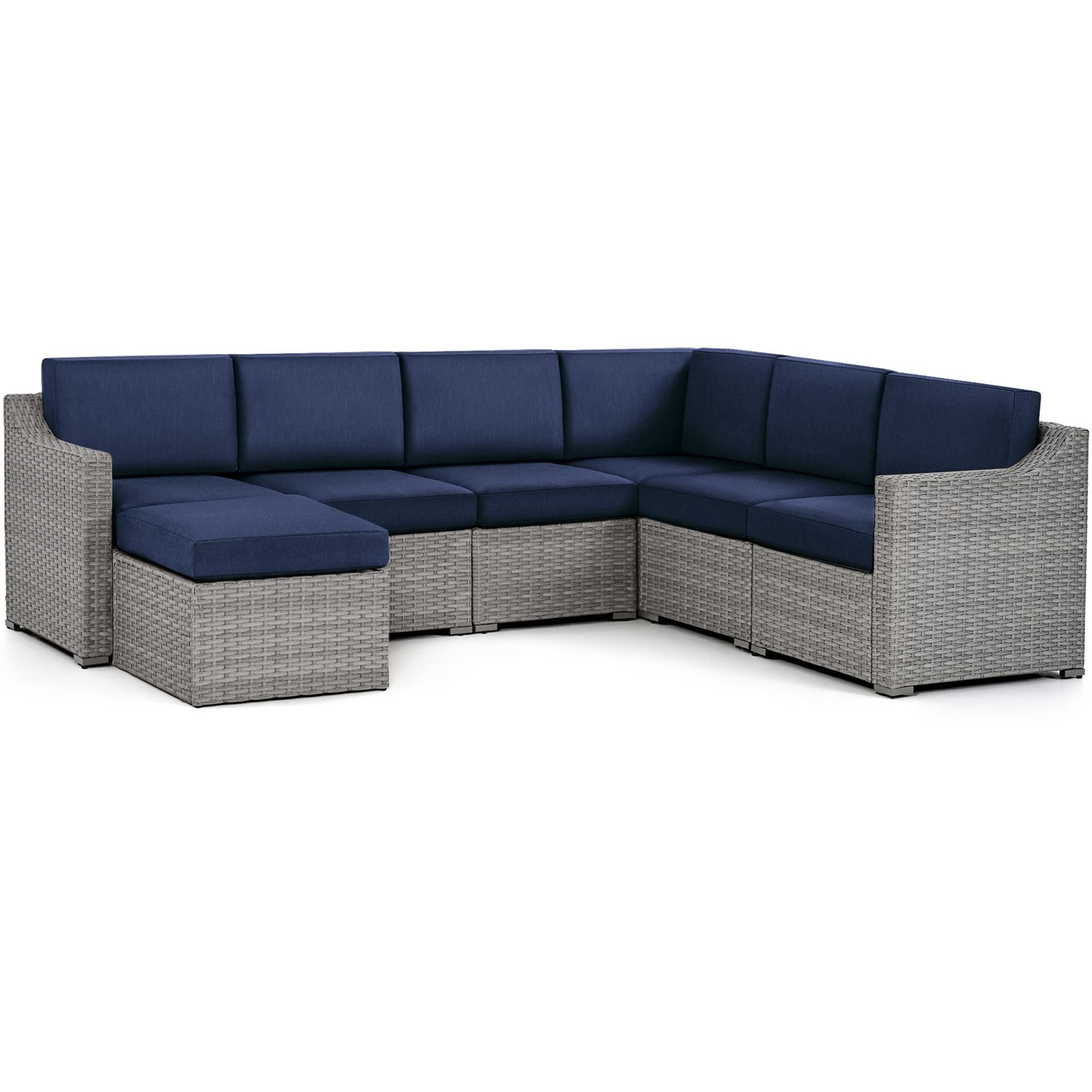 7 Piece Patio Conversation Set, Outdoor Rattan Wicker Sectional Sofa, All-Weather Modular Patio Furniture Set with Cushions for Backyard, Balcony, Porch (Grey/Blue)